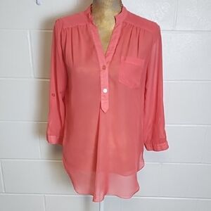 A. Byer Coral Sheer Tangerine 1/2 Button-Up Blouse 3/4 Roll tab Sleeves